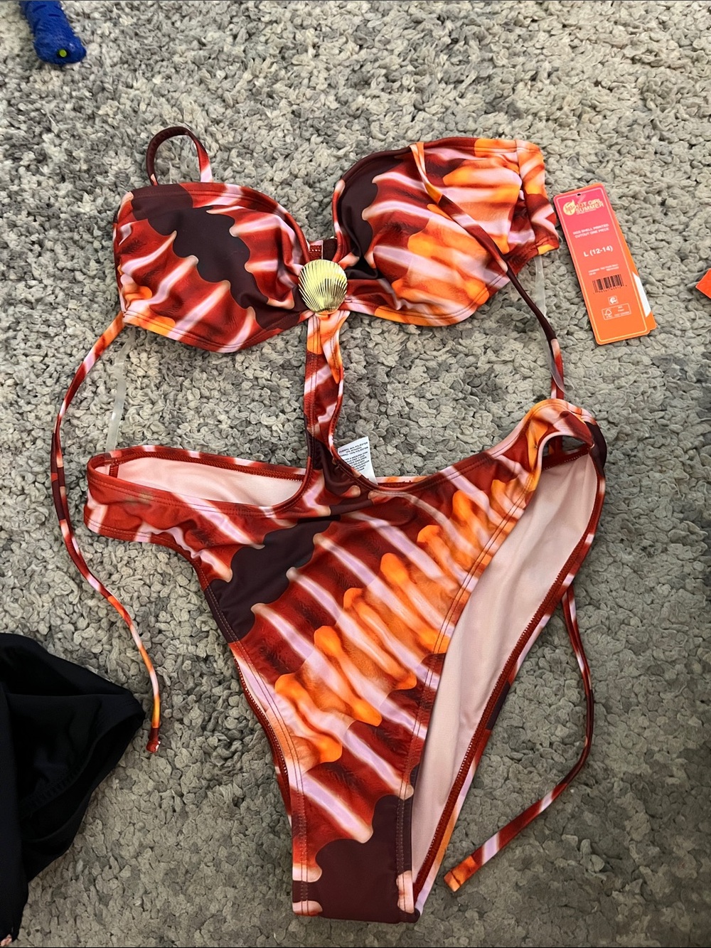 Women’s Red Orange Patterned One-Piece Swimsuit with Shell Accent